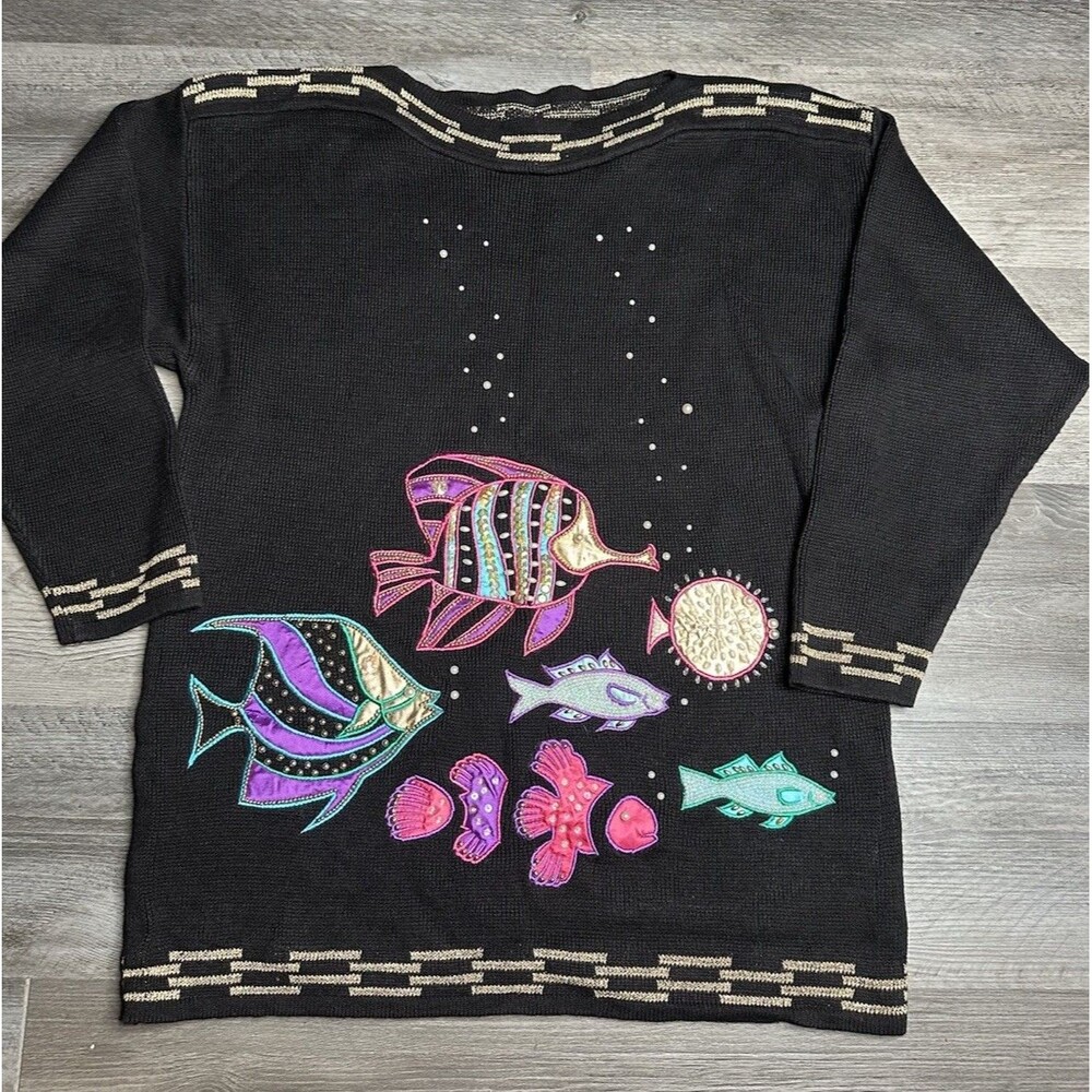 VTG 90s Sandylo Novelty Fish Sweater Embroidered Beaded Tropical Sea Life - OS